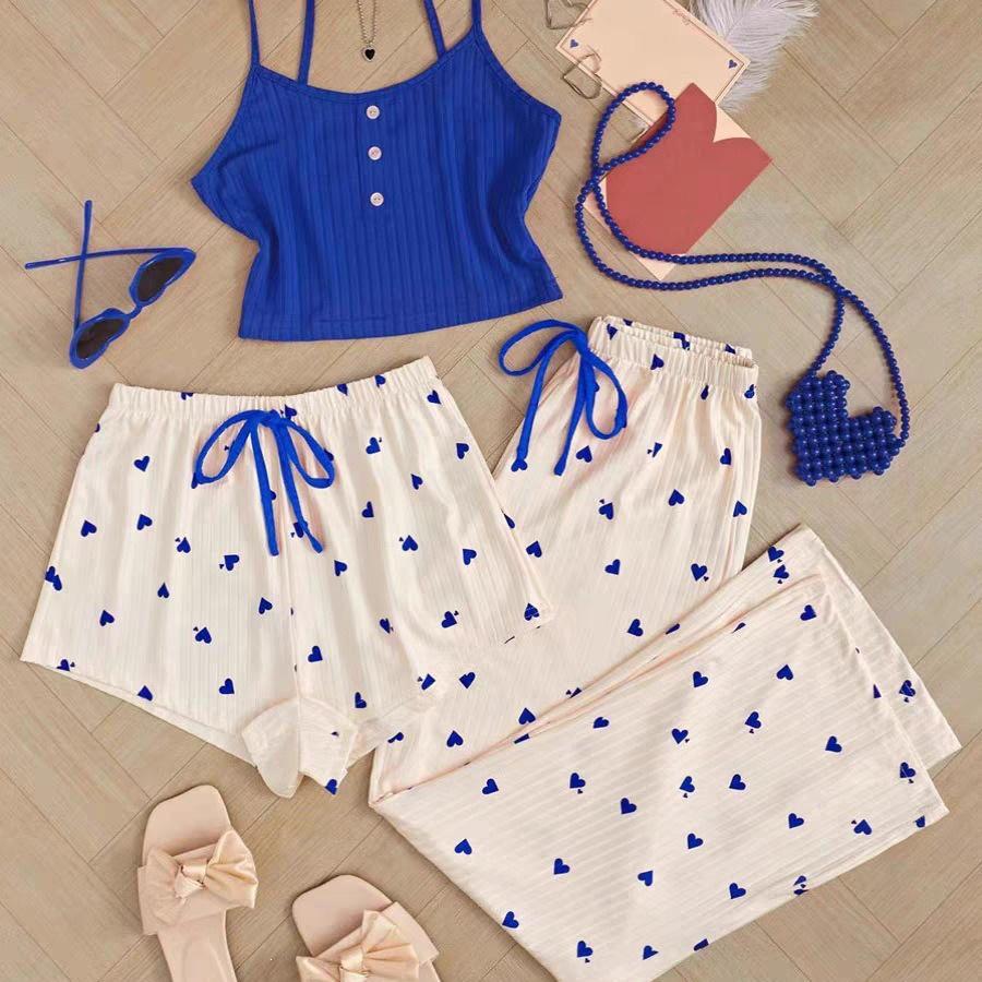 Women s Heart Print Camisole Pajama Set - Three-Piece, Long & Short Pants, Plus Size Summer Homewear