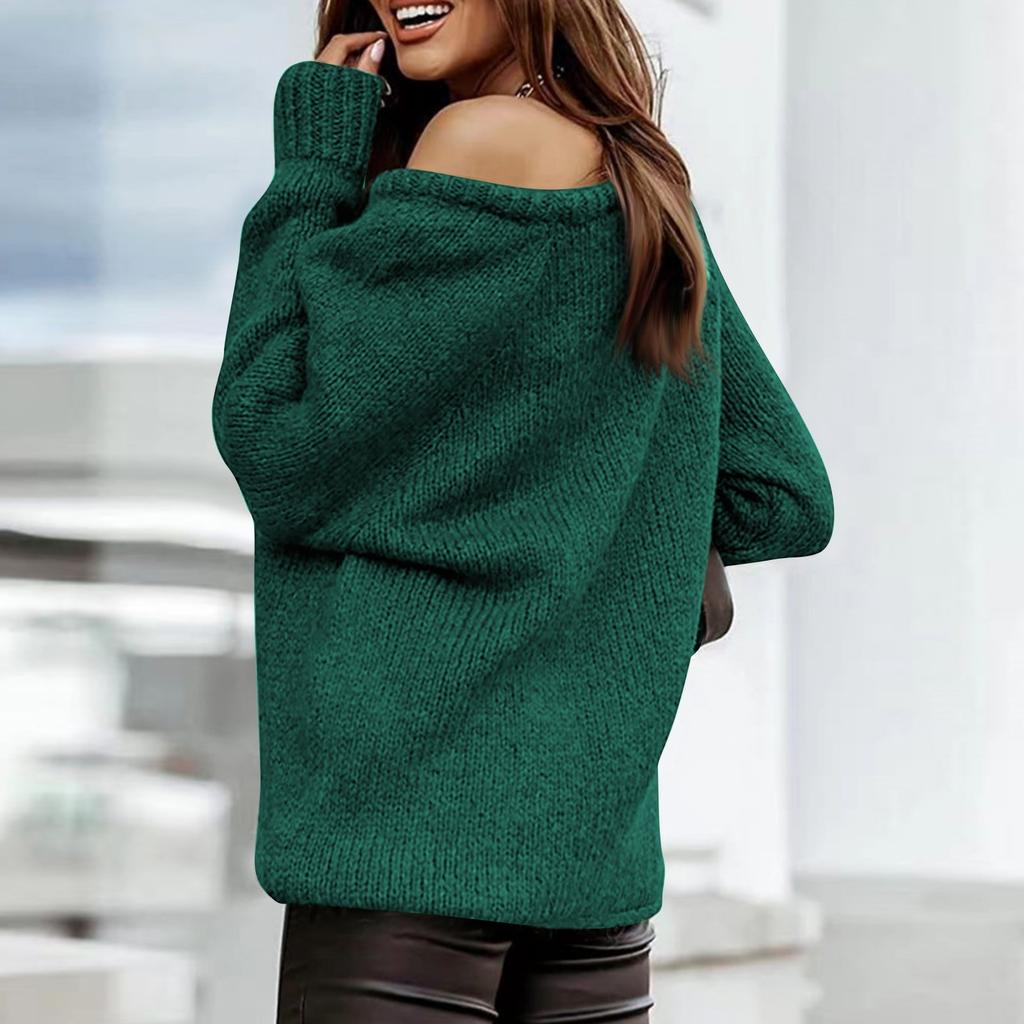 Women's Autumn/Winter Off Shoulder Sexy Round Neck Pullover Knitwear Solid Color Casual Loose Large Sweater
