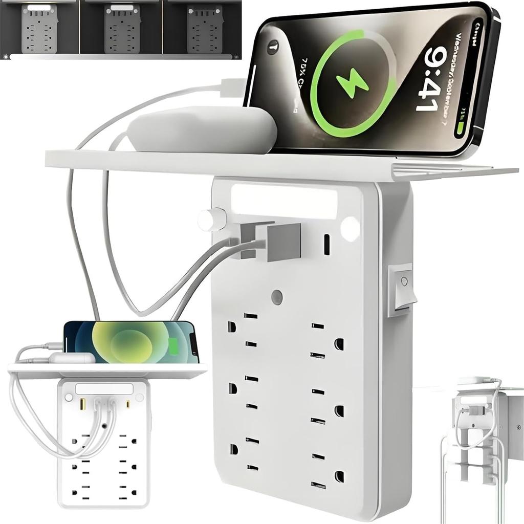 Wall Extender With Shelf Night USB Ports, 2025 New Wall Extender With Shelf Night, 9-in-1 Extended With Surge Protector For Next To Bed,Off