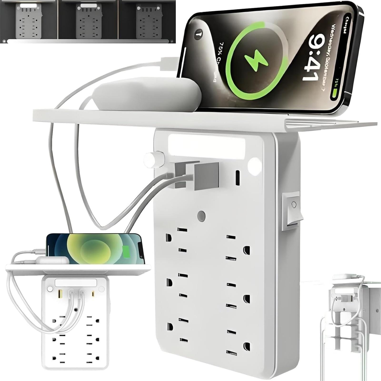 

Wall Extender With Shelf Night USB Ports, 2025 New Wall Extender With Shelf Night, 9-in-1 Extended With Surge Protector For Next To Bed,Off One Size