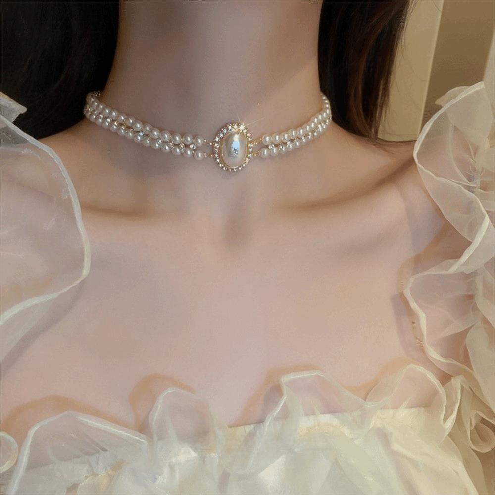 Fashion Multi-layer Diamond Pearl Elegant Women's Jewelry Layered Pendant French Court-style Beaded Choker Daily Accessories