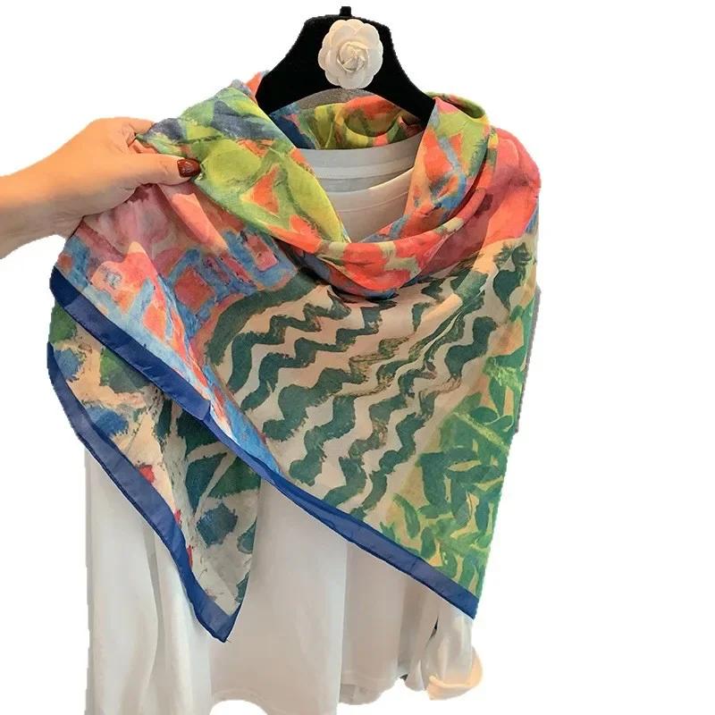 Versatile Summer Scarf Women'S French Vintage Print Sun Protection Large Silk Square Scarf Travel Multi-Wear Versatile Scarf