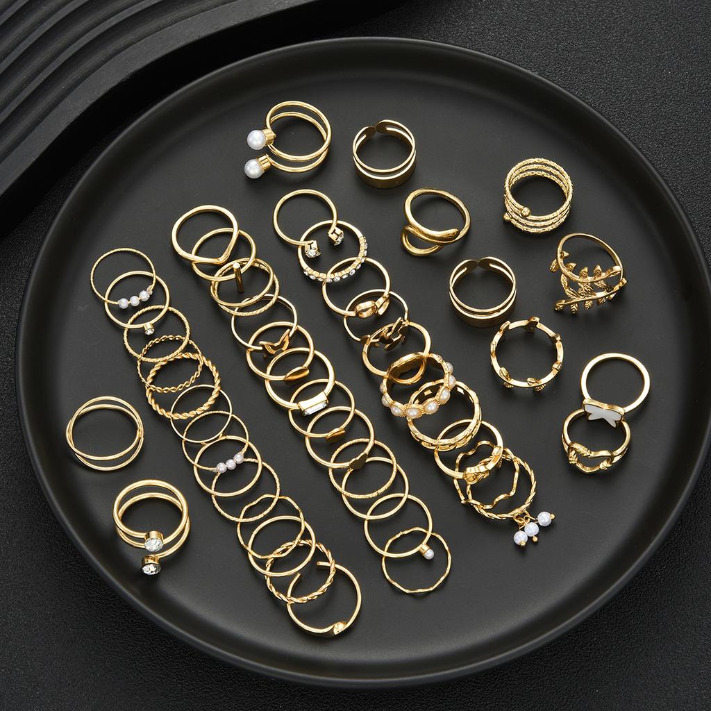 Fashion Minimalist Vintage Elegant Heart Butterfly Faux Pearl Rhinestone Geometric Wave Infinity Metal Rings Set Party Jewelry