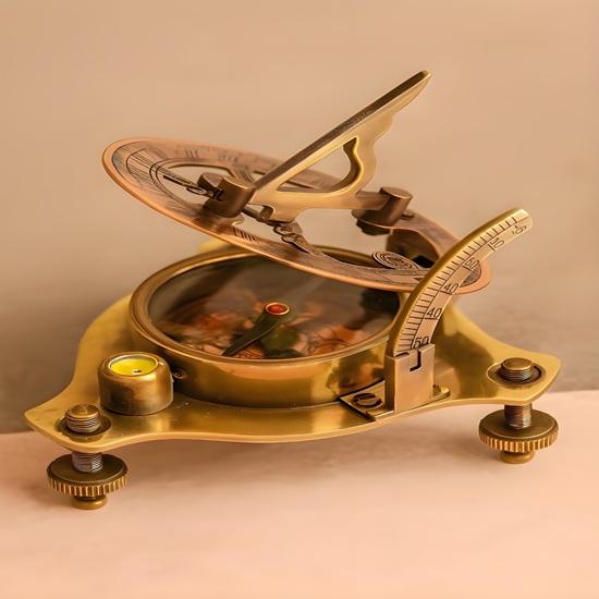 Brass Sundial Compass with Wooden Box: Nautical Maritime Decor