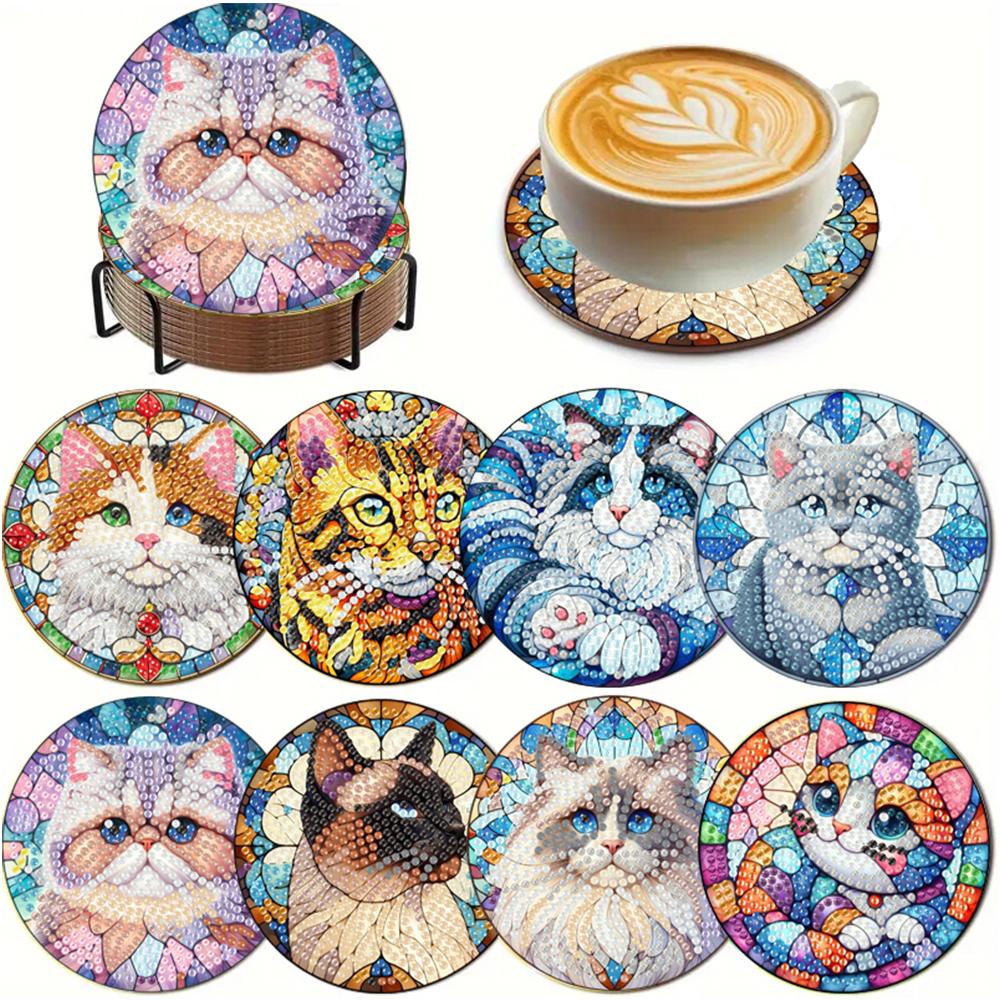 8Pcs Wooden Summer 5D Diamond Painting Kits DIY Coaster Diamond Dot Kits Round Diamond Art Coasters for Adults Beginners