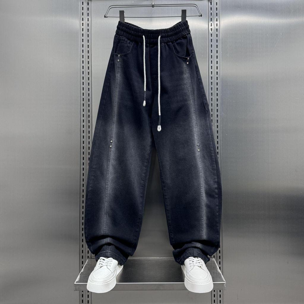 Nowość na wiosnę Męskie Ciężkie Jeansy Patchworkowe Scimitar - Luźne, Szerokie Nogawki, Prosty Krój, Długie do Ziemi Spodnie