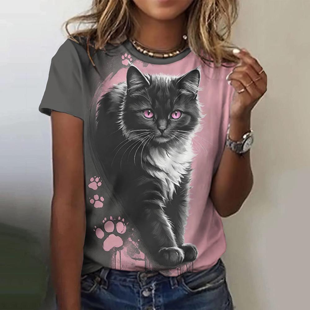 Cool Animal Women's Short Sleeve Round Neck T-Shirt Summer Outdoor Casual Tops Cat Printed