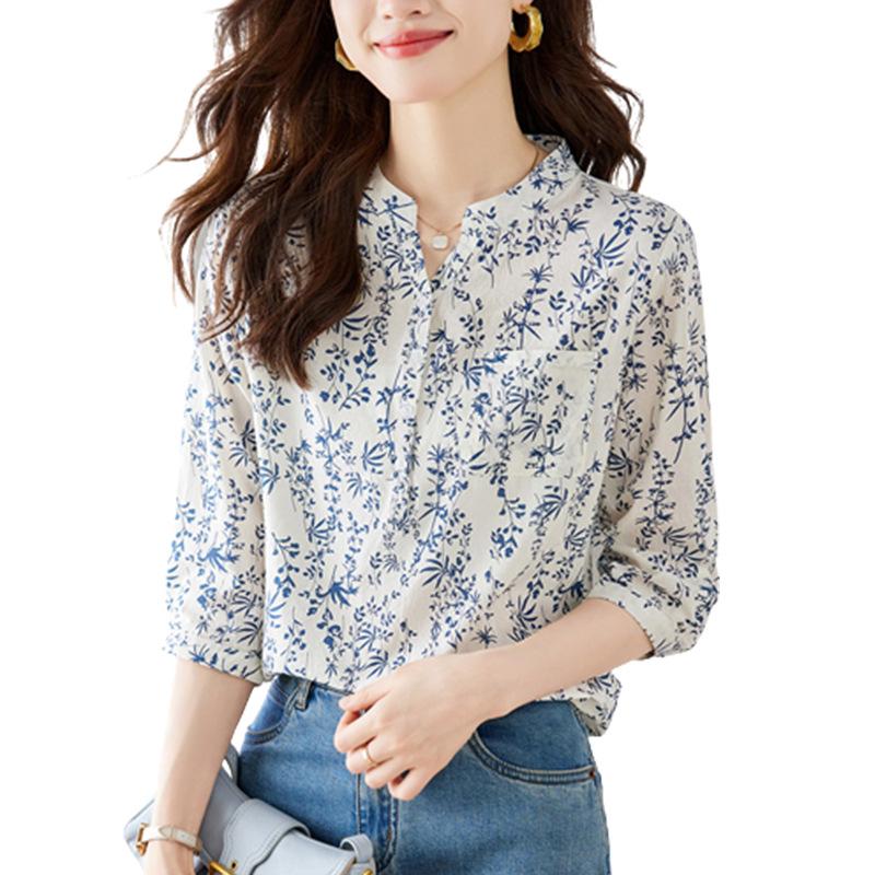 Small Floral Shirt Women's Seven-quarter-sleeved Summer Cotton Top Age-reducing Shirt