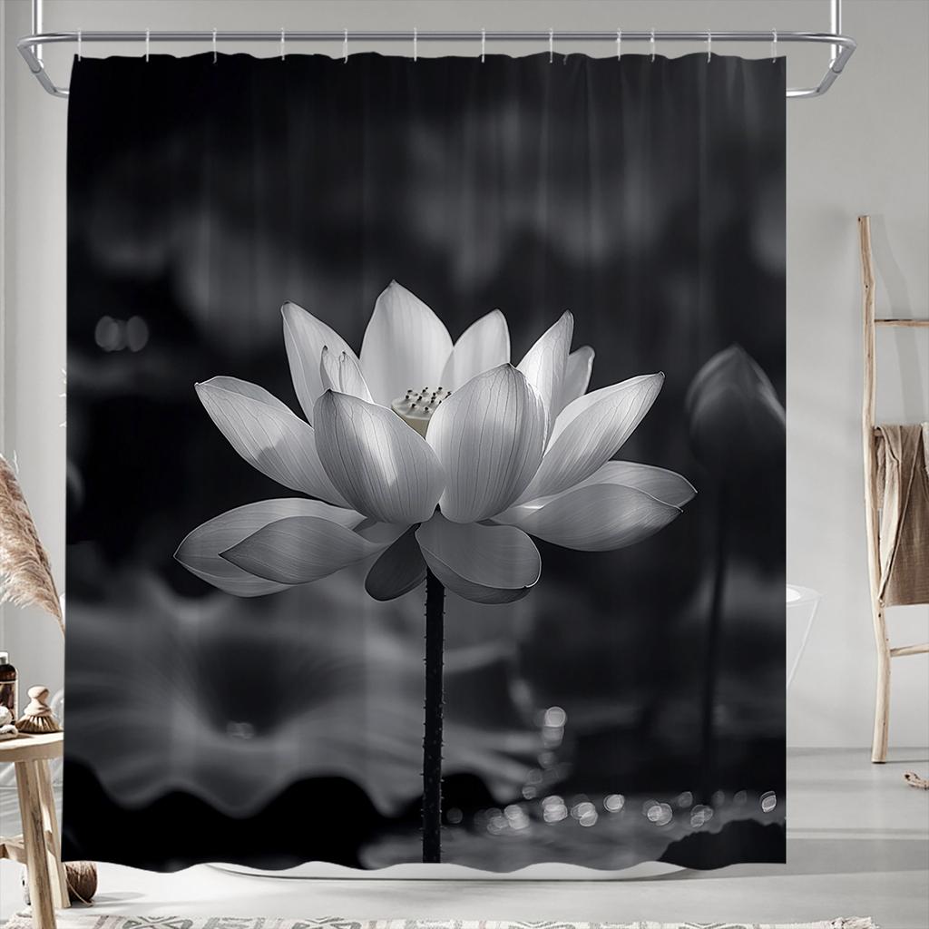 Black & White Lotus Flower Shower Curtain - Serene Blooming Petals & Water Lily Design, Tranquil Aesthetic,  Washable Polyester