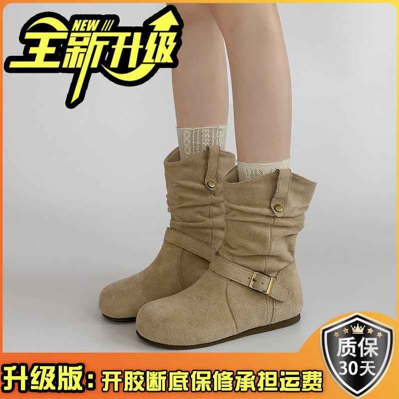Western cowboy boots Martin boots women's shoes retro suede buckle 2025 new summer design pleated small short boots