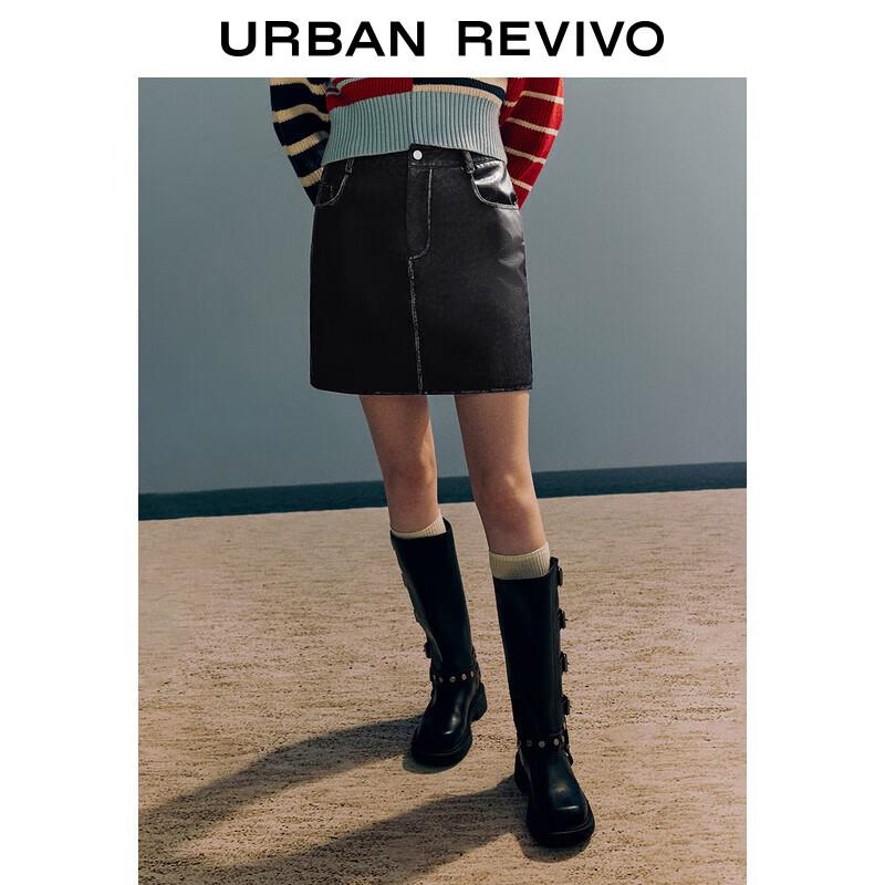 UR 2024 Spring Retro Biker High-Waisted Faux Leather A-Line Skirt XXS