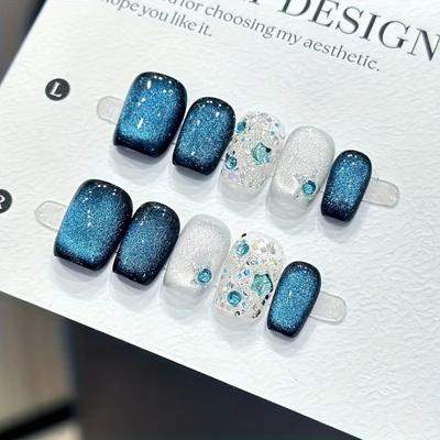 10 Pcs Luxury Blue Cat Eye Glitter Handmade Short Fake Nails Sparkly Press On Nail Tips For Women