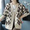 Women's Plus Size Knitted Cardigan Sweater Spring Autumn V-Neck Printed Knit Sweater Jacket Casual Loose Knit Jacket
