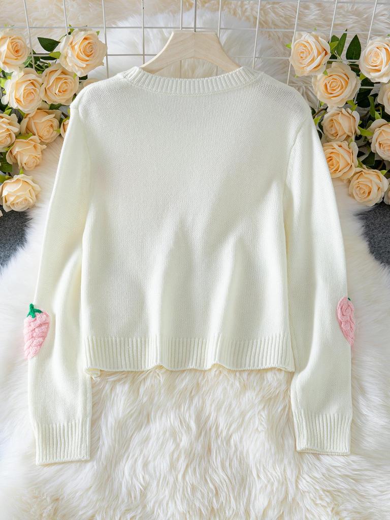 Elegant 3D Strawberry Pattern Women's Pullover Sweater - Long Sleeve Knitwear