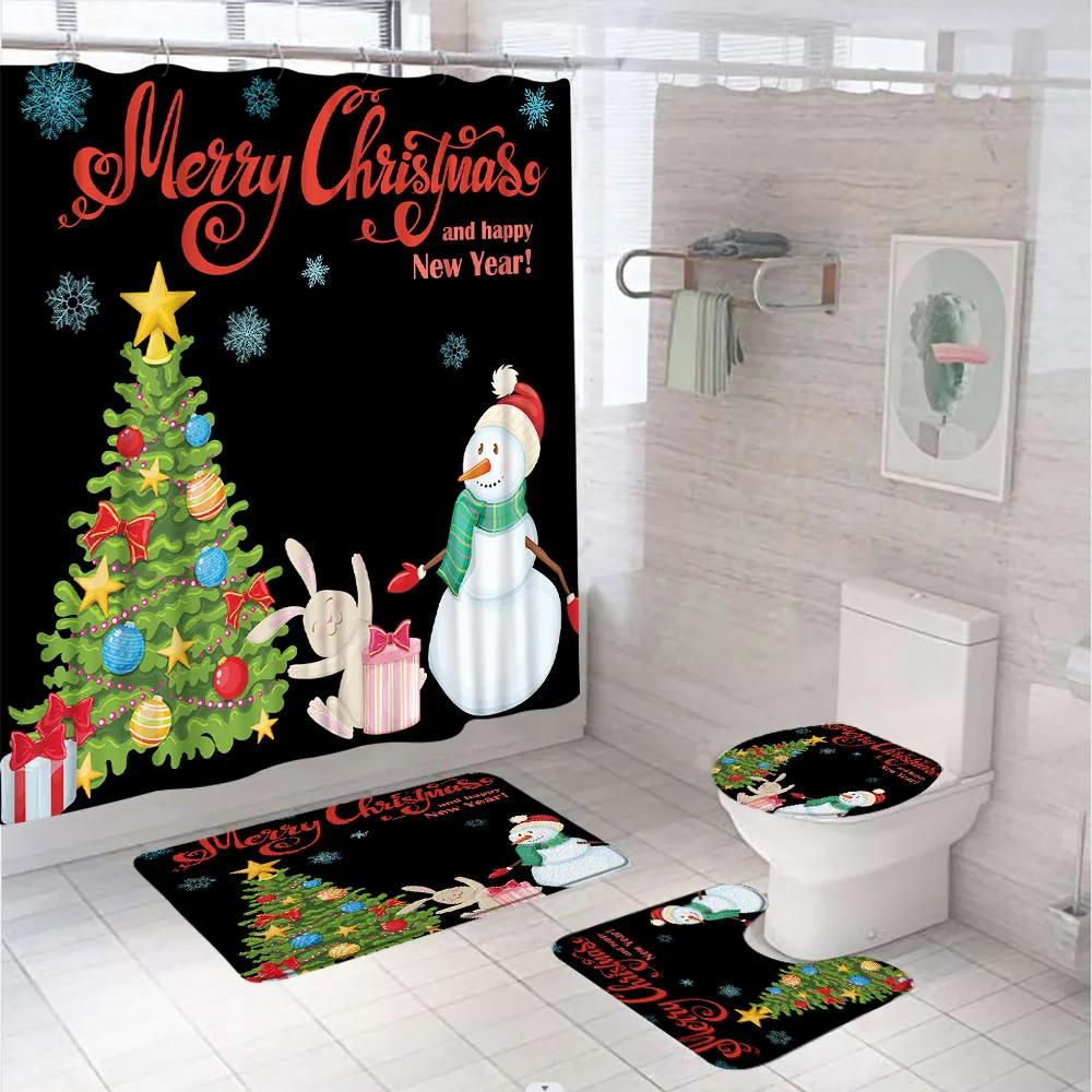 Weihnachts-Nikolaus Duschvorhang-Set Mit Teppich Toilettensitzbezug Badvorleger Weihnachtsbaum Schneeflocken-Szenerie Bauernhaus Wannen Vorhänge