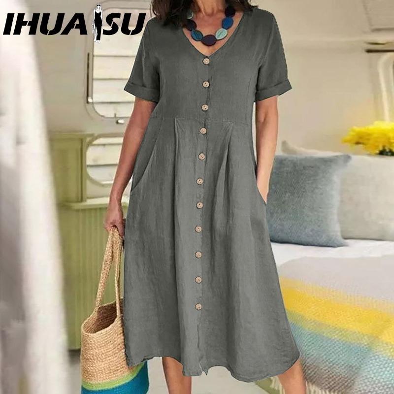 IHUASU Women Summer Casual Cotton V-Neck Short Sleeve Button Dress