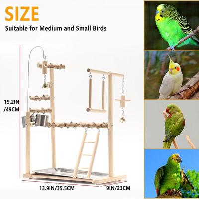 Bird Playground Parrot Playstand Bird Perch Stand Gym Natural Wood Play Stand with Swing Ladder Feeder Cups for Parakeets Cockat