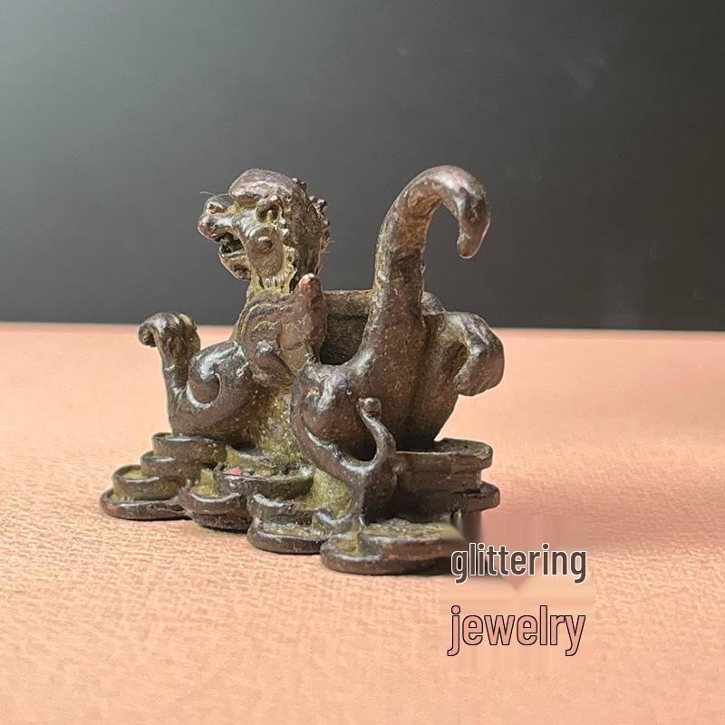 Antique Bronze Curio: Auspicious Flying Sky Pixiu, Wealth Attraction Display Stand for Home or Tea Table.