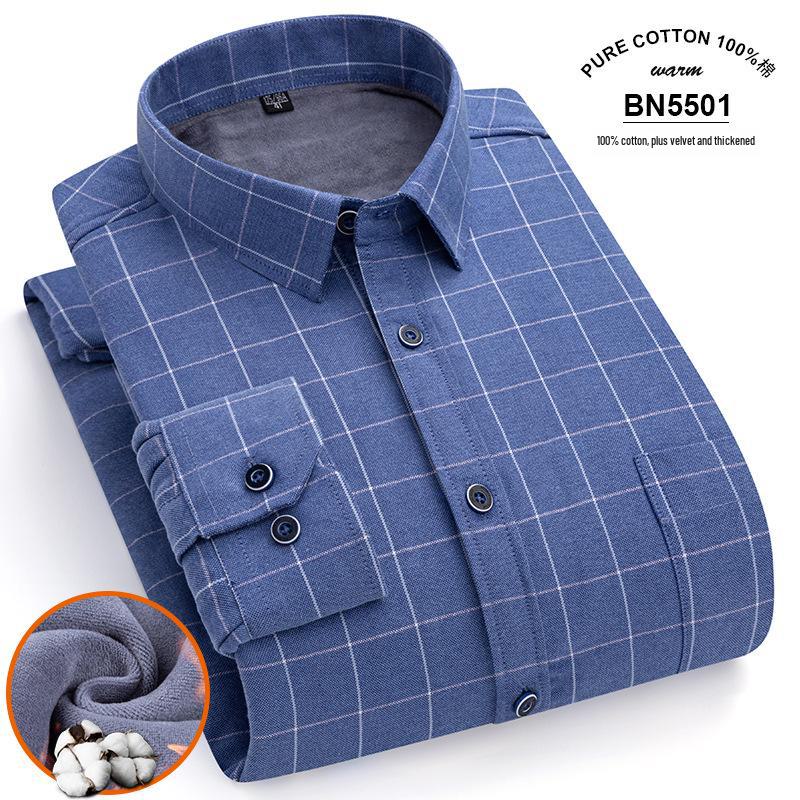 Men's Long Sleeve Cotton Plaid Shirt with Velvet Lining