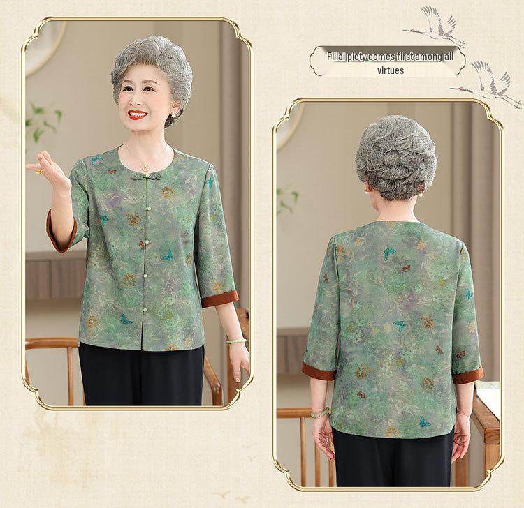 Silk Short-Sleeve Tang Shirt for Elderly Women