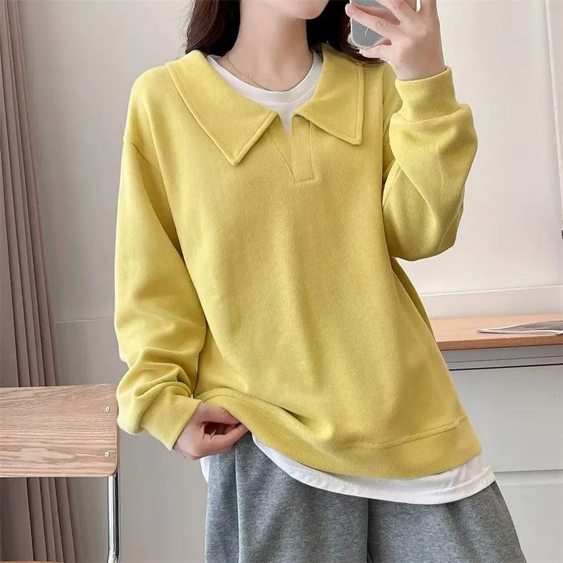 Sweatshirt for Women Pullover Long Sleeve Faux Two-Piece Oversize Solid Color Loose Casual Sweatshirt Top