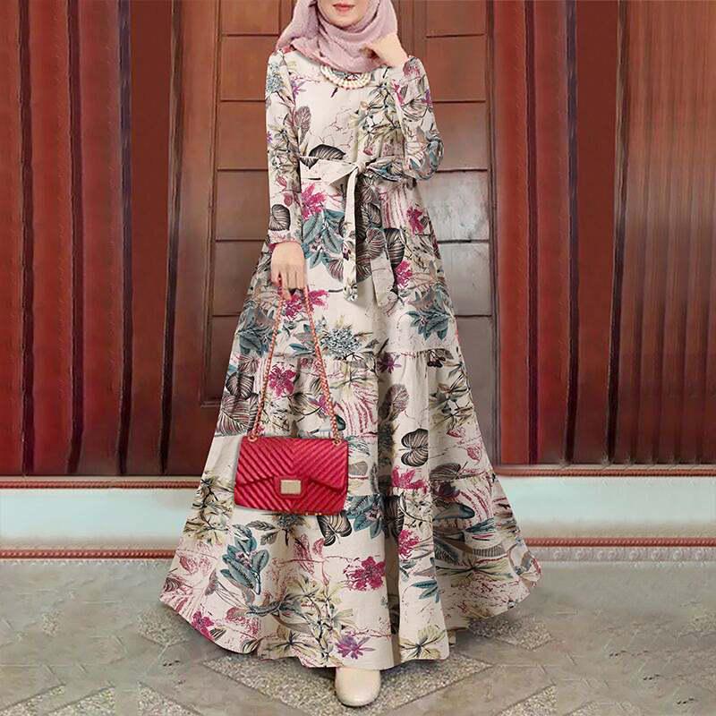 Muslim Street Fashion Long Sleeve O-Neck Printed Dress