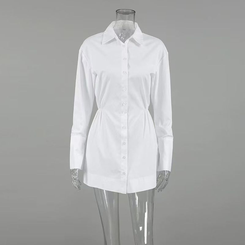 

Fashion Style New Polo Collar Temperament Shirt Dress Fashion Short Skirt Long Sleeve Shirt Dress White L