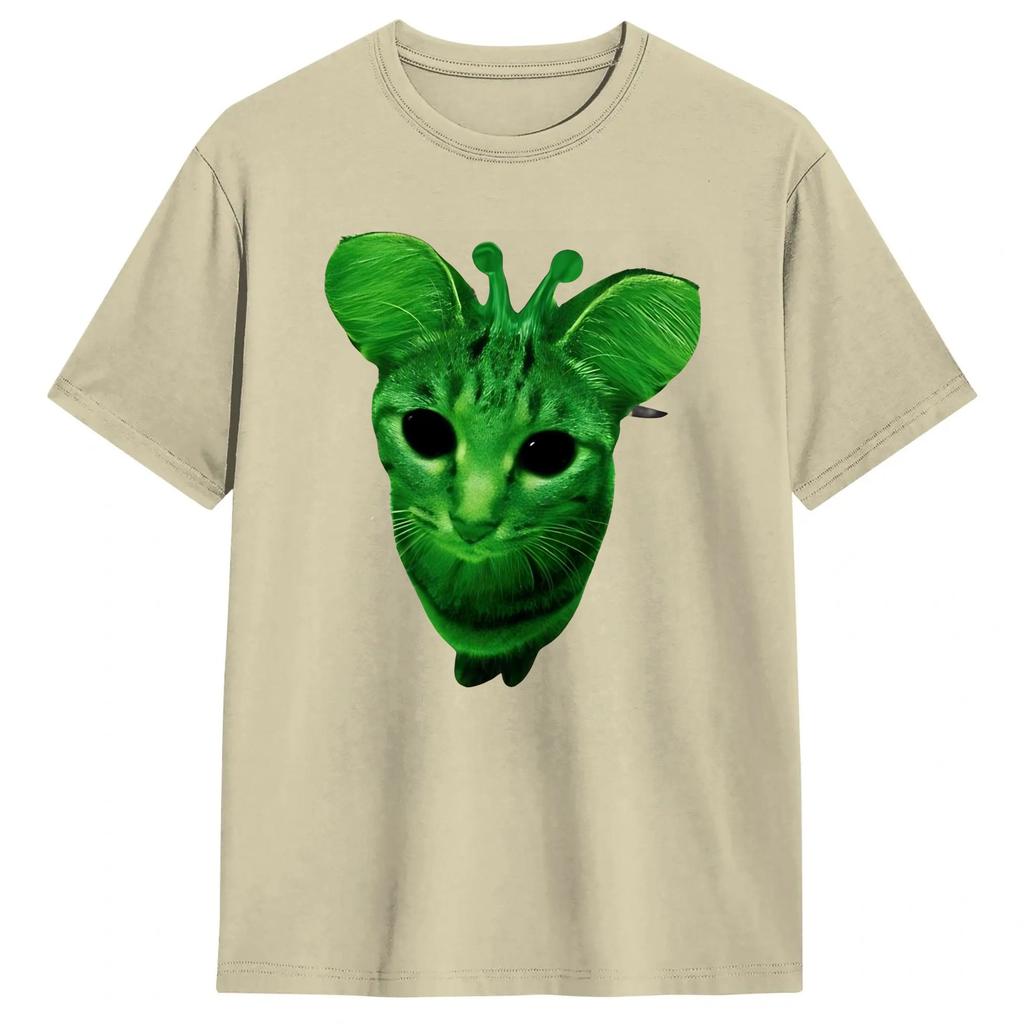 T-shirt Meme Gatto Alieno Verde Unisex 100% Cotone T-shirt Vintage Girocollo Maglietta Manica Corta Abbigliamento Regalo di Compleanno