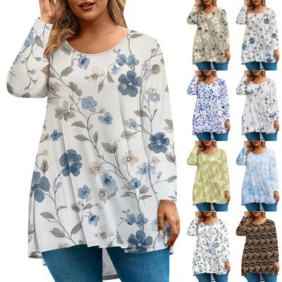 Women's Fashion Large Size Round Neck Long Sleeve Casual Print Loose Pullover Top