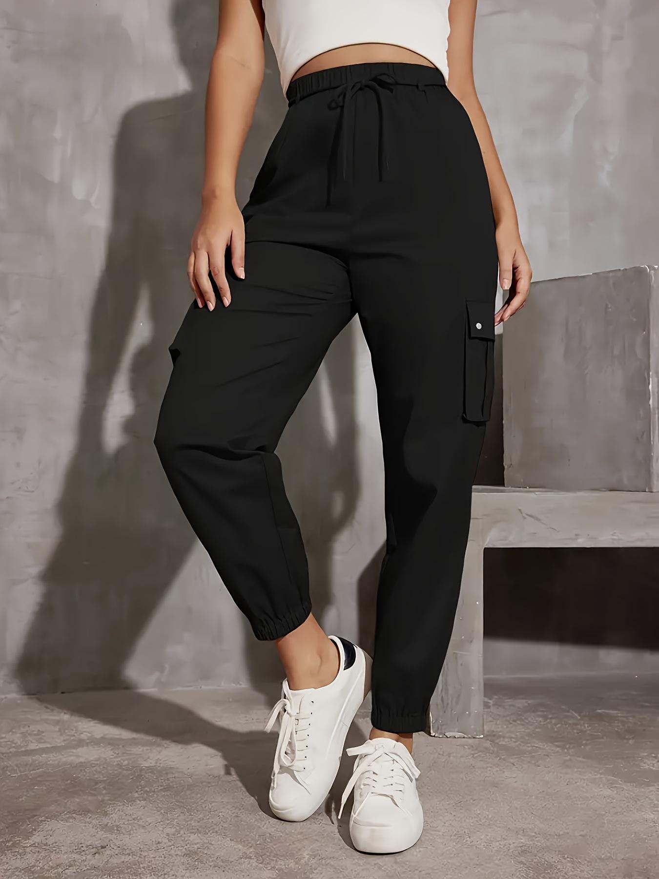 Women S Solid High Waist Pocket Tapered Cargo Pants S чёрный