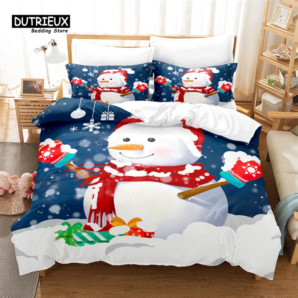 Christmas Snowman Duvet Cover Set, Fashion Bedding Set, Soft Comfortable Breathable Duvet Cover, For Bedroom Guest Room Decor