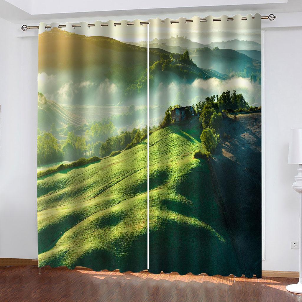 2PC Ocean Beach 3D Curtains Beautiful Landscape Pleasant Style Applicable Bedroom Balcony Living Room Kitchen Window Decor