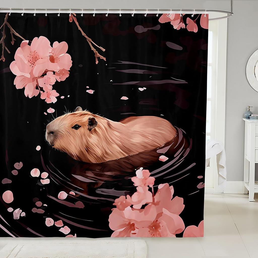 Kids Cute Capybara Shower Curtain for Bathroom Decor Japanese Cherry Blossoms Flowers Bath Curtain for Boys Girls Teens Cartoon