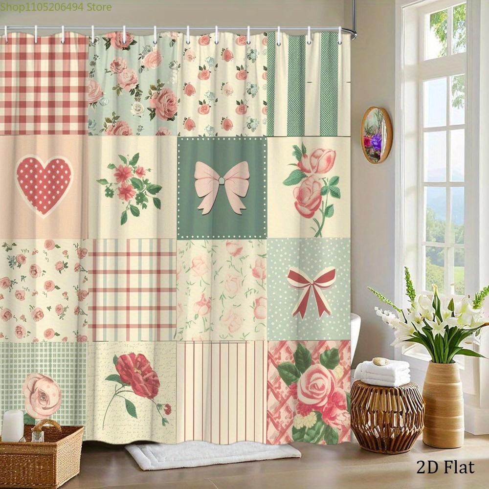 [Vintage Shower Curtain] 1pc Vintage Floral & Plaid Patchwork Shower Curtain | Pastel Roses & Checkered Patterns with Heart &