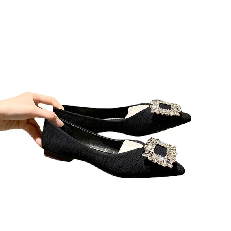 Grape Mother Square Buckle Flash Diamond Pointed Head Shallow Mouth Fairy Flat Single Shoes Female Ballet Shoes Female