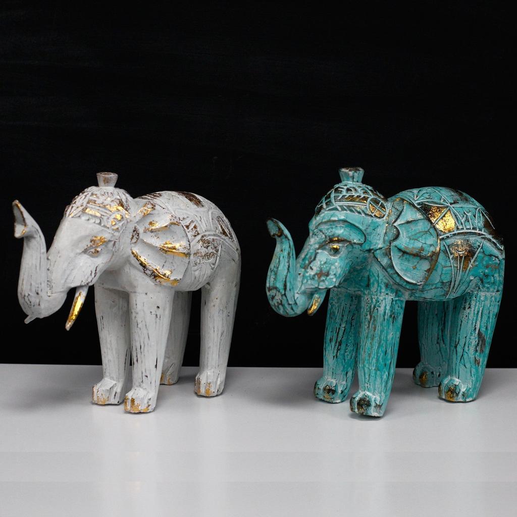 Hand Carved Wooden Elephant Statue, Turquoise Gold
