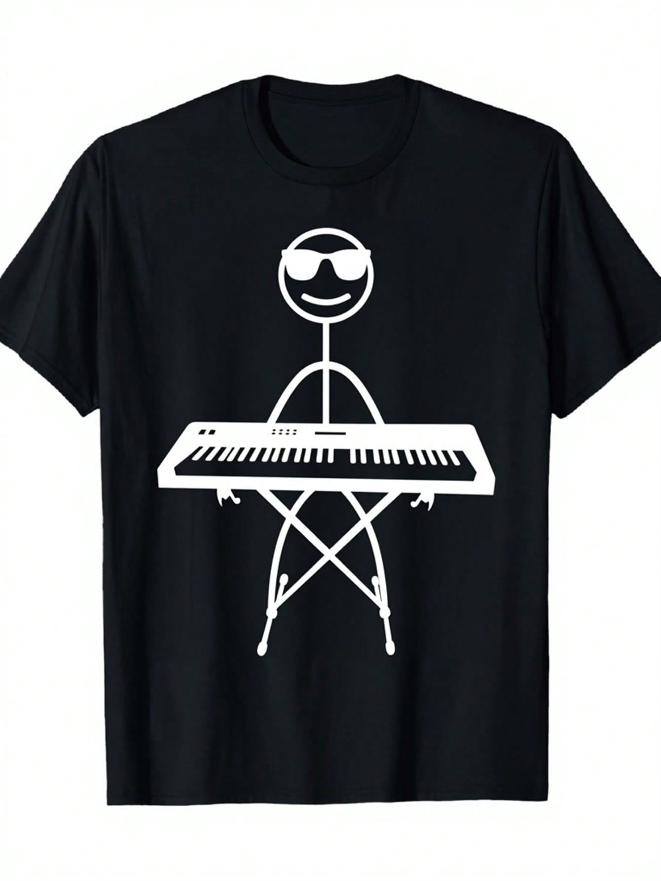 unisex s Black Piano Player Simple Drawing Pattern T-Shirt- Crew Neck Short Sleeve T-Shirt, Music Symbols Piano Keys Design, Musician Creative Stick F S разноцветный