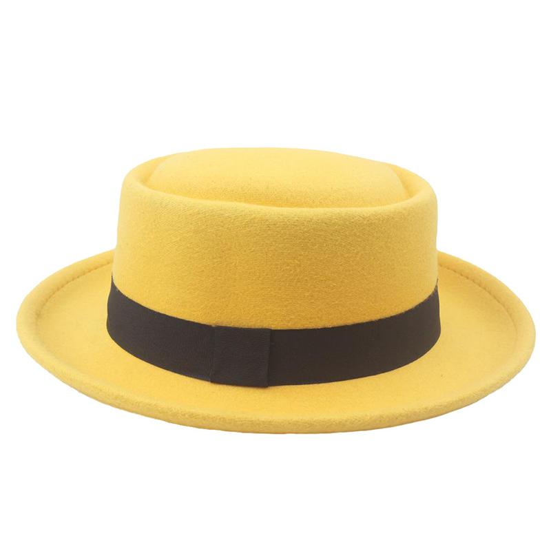 Flat Top Fedoras Jazz Hats For Women Men Solid Color Imitation Woolen Jazz Cap British Style Wide Brim Ladies Bowler Hats Fedora