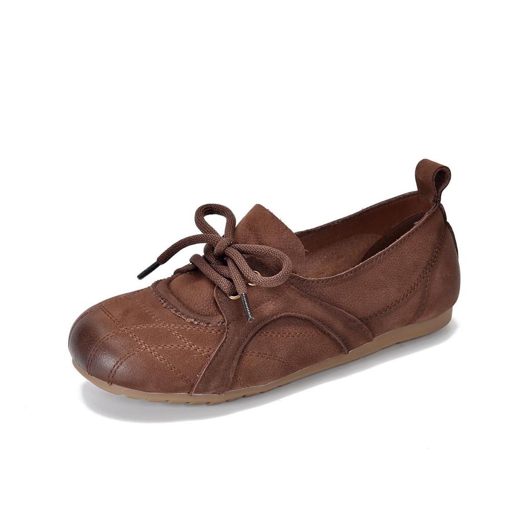 Johnature Genuine Leather Soft Soled Loafers Casual Comfortable Round Toe Lace Up Women's Flat Shoes