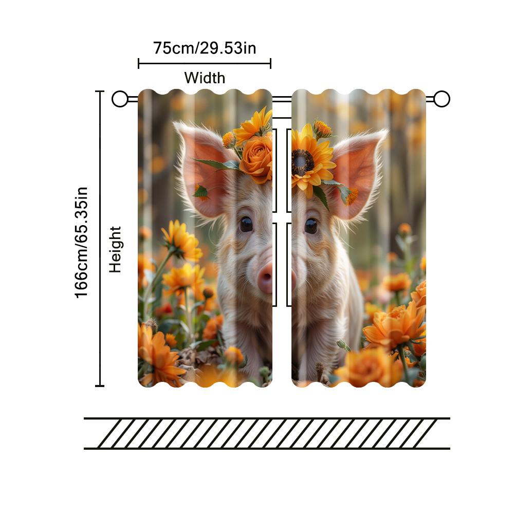 2 Pcs, Filtering Curtains (excluding Rods, Non-movable, Without Batteries) Floral Piglet for Use In Bedrooms and Living Rooms