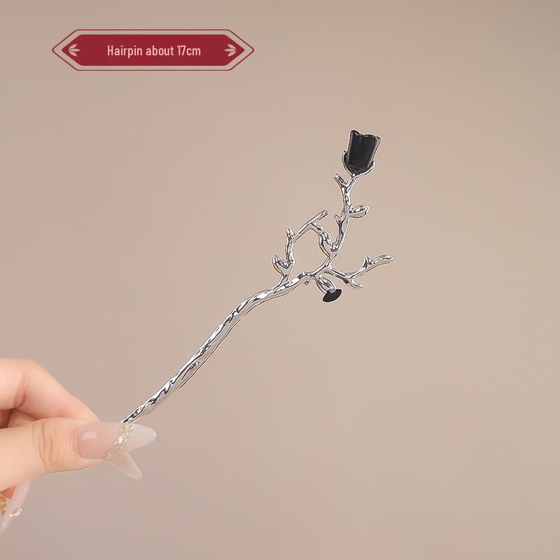 Elegant Red Rose Tassel Hairpin - U-shaped Hair Accessory for Women, Perfect for Updos and Traditional Attire.