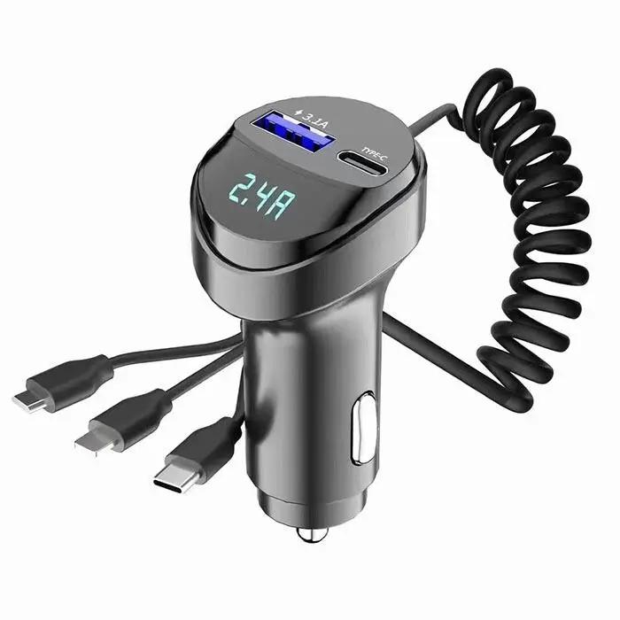 

55W 2-Port USB Car Charger with Voltage Display Fast Charging 3.1A Retractable Cable Three-In-One Design for iPhone Samsung