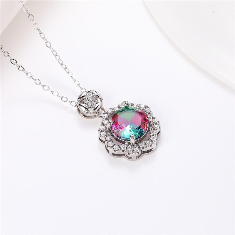 Silver Plated Colorful Round CZ Halo Pendant Necklace, Floral Frame Moving Stone Cable Chain Necklace for Women