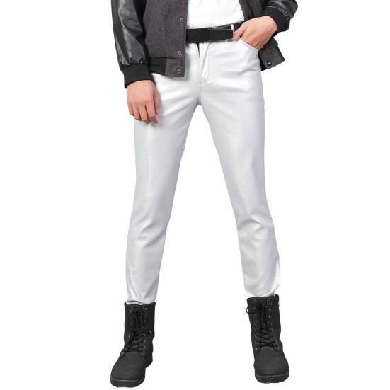 Men Faux Leather Pants Mid Waist Slim Fit Smooth Button Zipper Placket Solid Color Waterproof Hip Hop Style Streetwear Party Club Performance Trousers