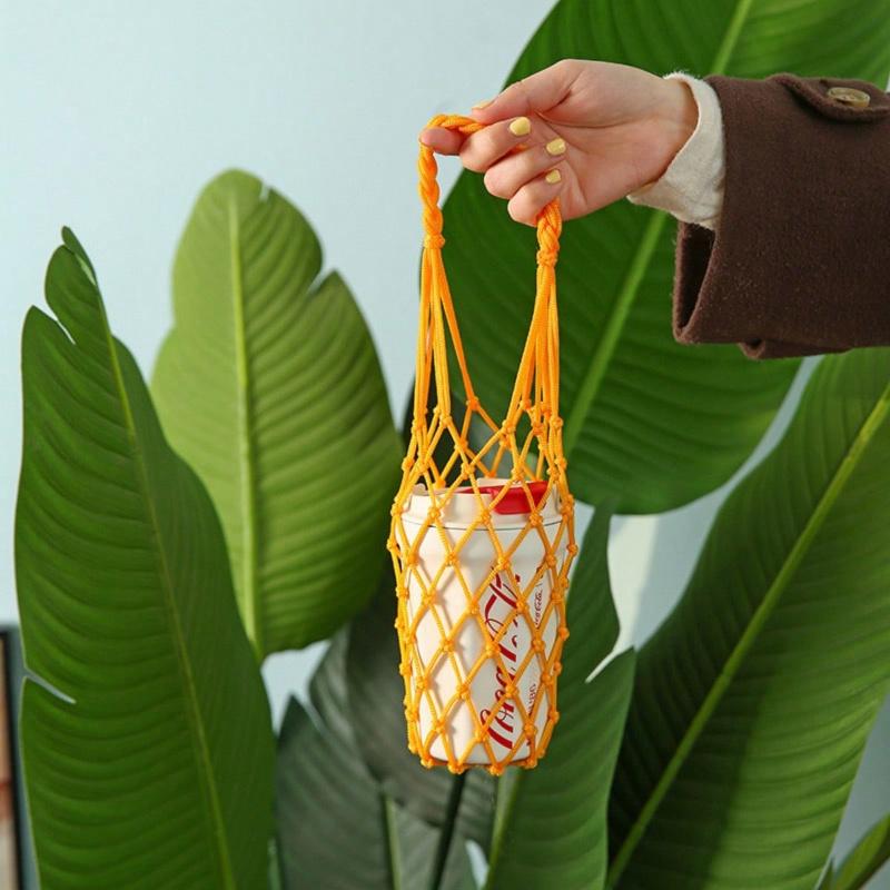 1pc Handmade Nylon Mesh Bag, Reusable Beverage Holder, Coffee Cup Holder, Portable Drink Carrier, Decorative Mesh Bag