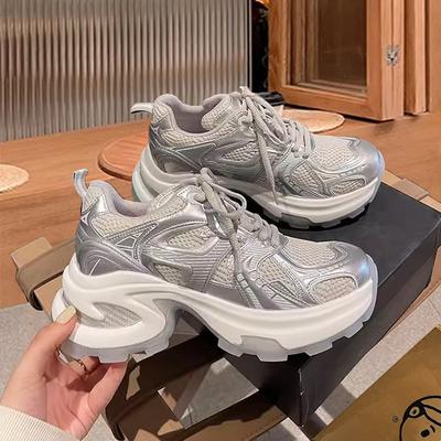 Couro elevador Paris revista antiga~ prata e branco moda casual plataforma elevatória sapatos casuais esportivos femininos sapatos de pai