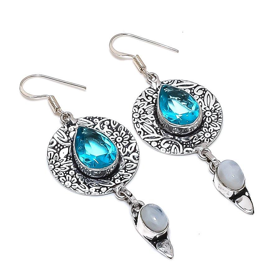 Natural Swiss Blue Topaz, Moonstone 925 Sterling Silver Earring 2.60" Z2i42