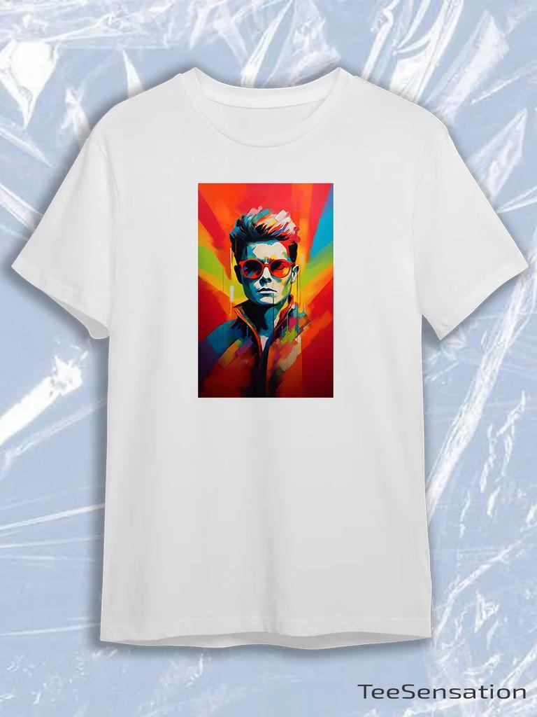 TeeSensation White Crew Neck Short Sleeve T-Shirt with Colorful Pop Art Man Red Sunglasses Vertical Portrait Print