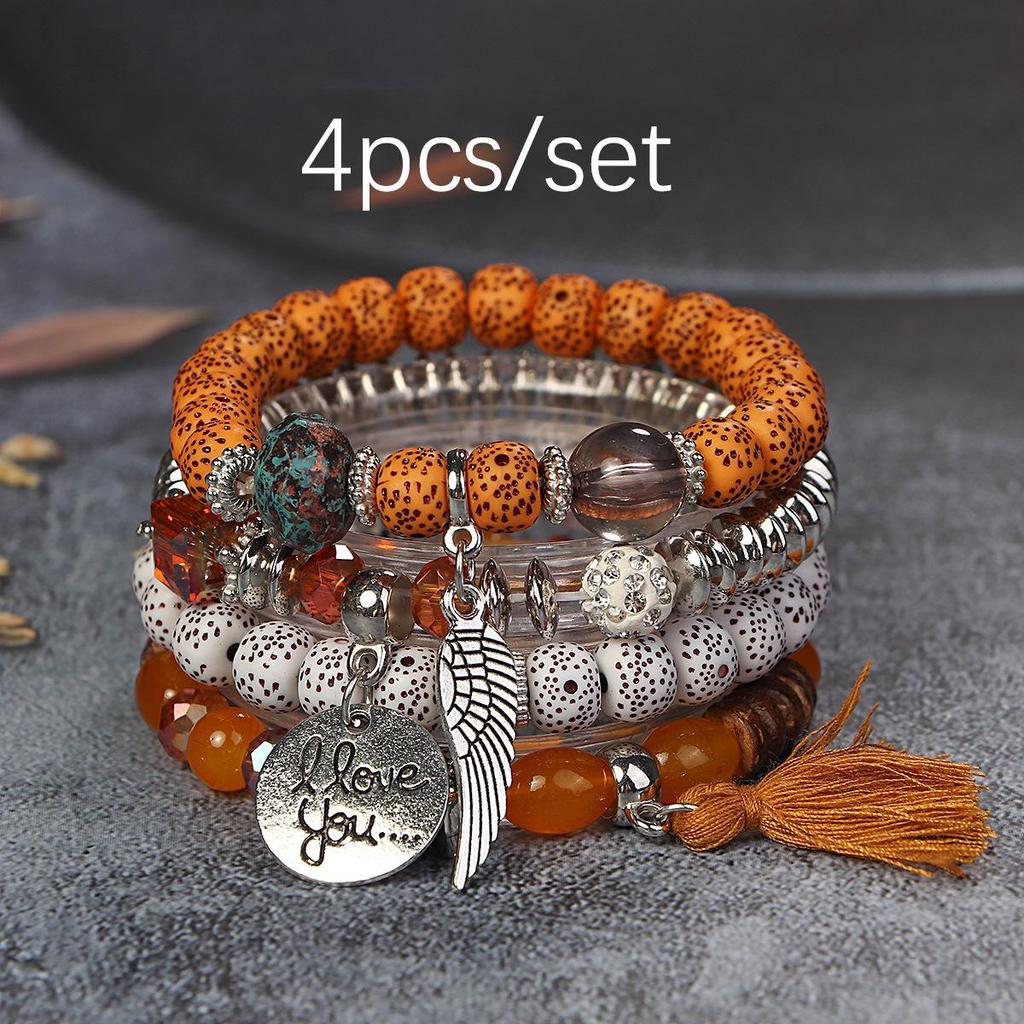 Bohemian Beaded Bracelet Set with Wing Pendant and Tassels