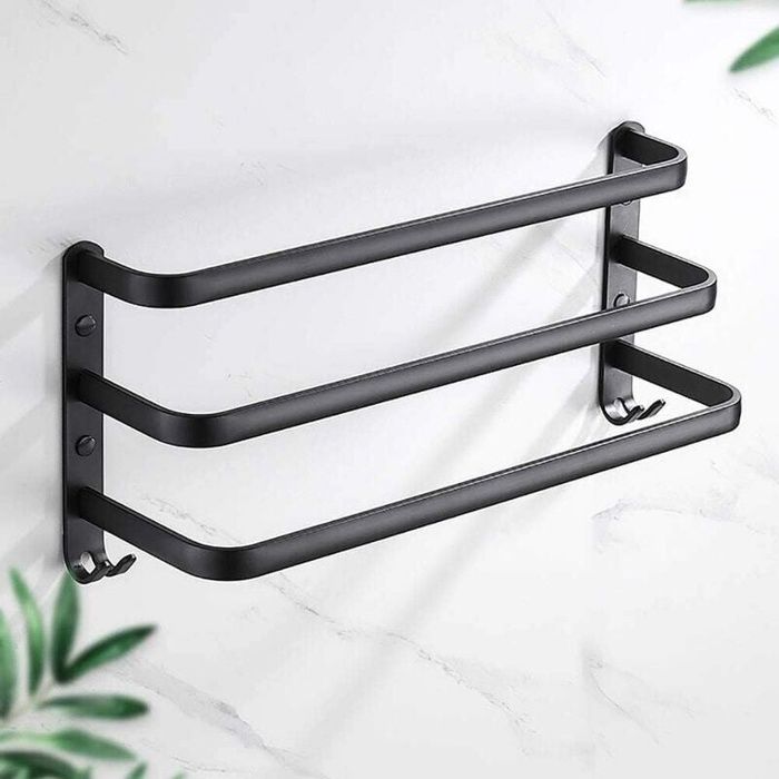 Porte‑serviettes mural 3 niveaux 60 cm noir – aluminium, sans perçage ou à percer, gain de place